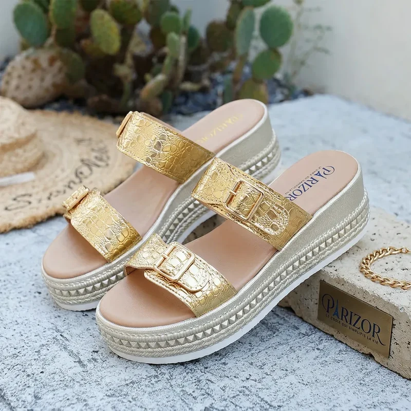 AELORIA DORÉ™ | Sandales Dorées Femme Élégantes Été – Compensées Confort Plage