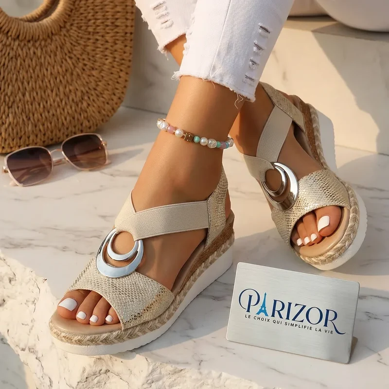 SERPENTIA Marron™ – Sandales Dorées Femme Compensées