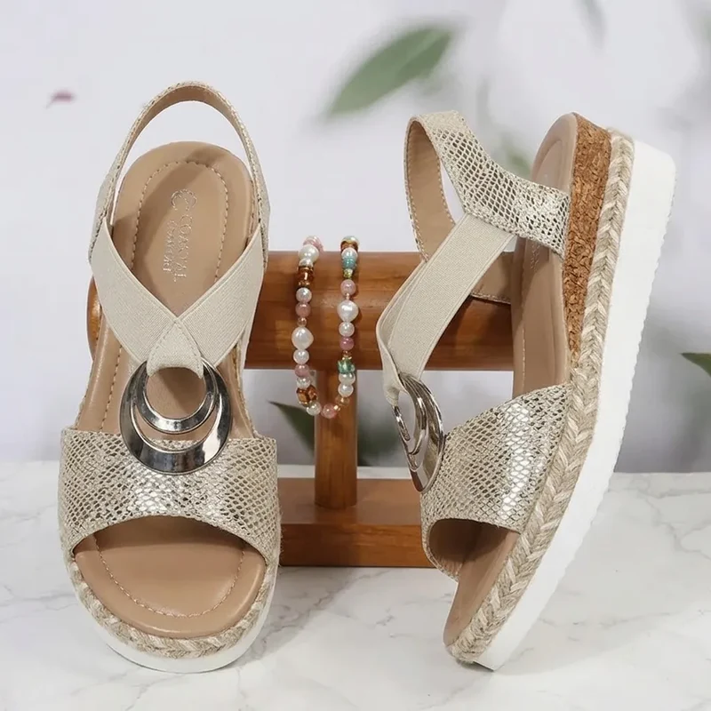 SERPENTIA Marron™ – Sandales Dorées Femme Compensées