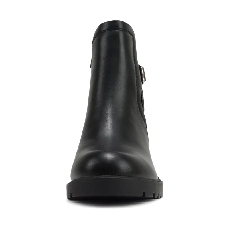 Bottines chelsea noires à talon bloc, semelle crantée et bride décorative pour femme