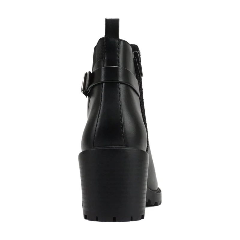 Bottines chelsea noires à talon bloc, semelle crantée et bride décorative pour femme