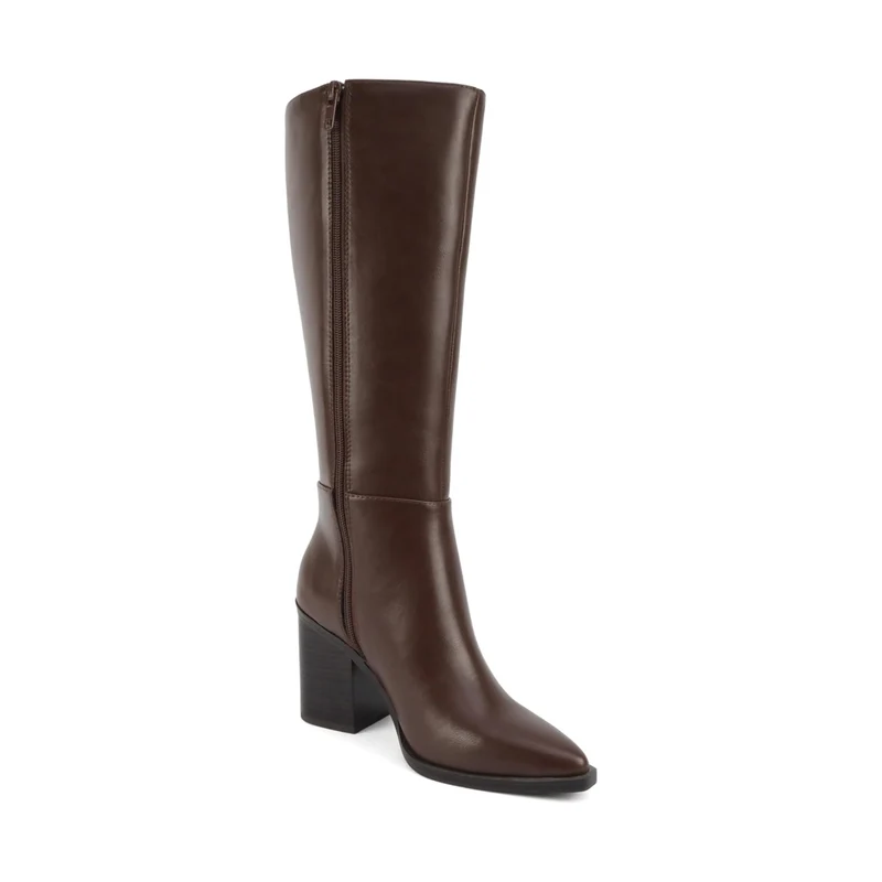 Bottes hautes marron à talon bloc et bout pointu, fermeture zippée pour femme