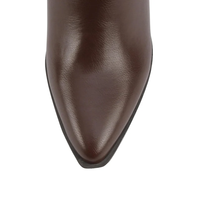 Bottes hautes marron à talon bloc et bout pointu, fermeture zippée pour femme