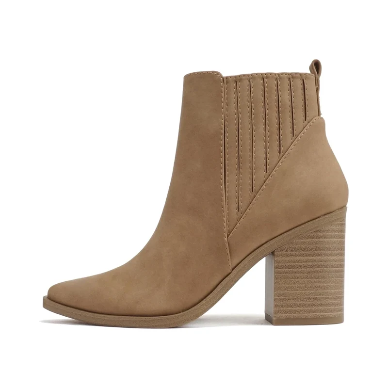 Bottines chelsea camel en simili daim à talon bloc haut et élastiques latéraux pour femme