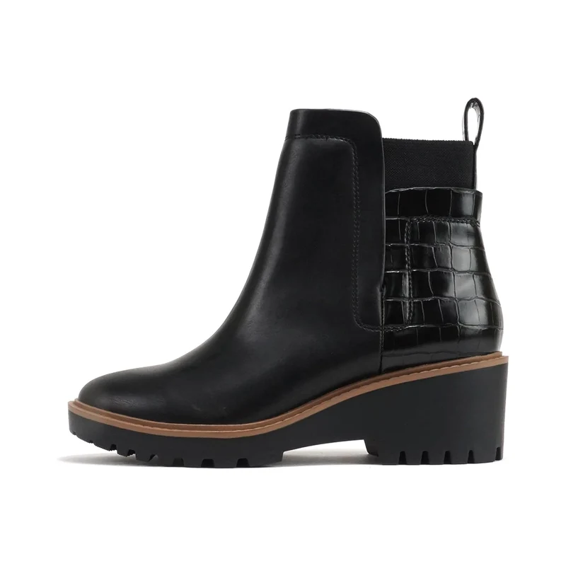 Bottines chelsea noires à talon compensé bas et arrière effet croco pour femme