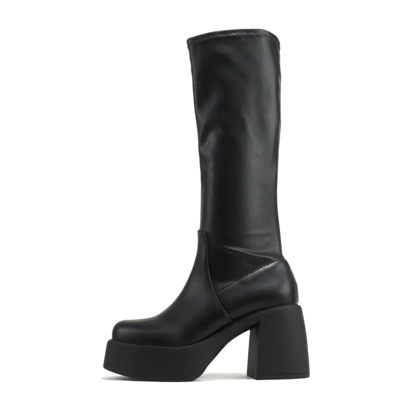 Bottes noires à talon bloc et plateforme, hauteur mollet, simili cuir pour femme