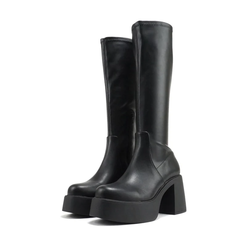 Bottes noires à talon bloc et plateforme, hauteur mollet, simili cuir pour femme