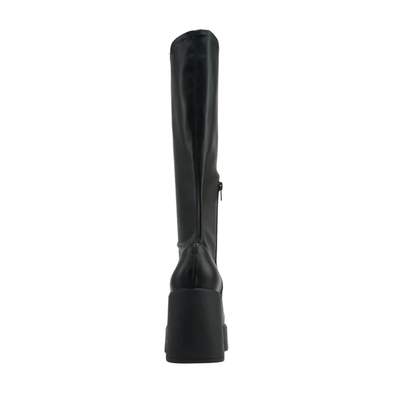 Bottes noires à talon bloc et plateforme, hauteur mollet, simili cuir pour femme