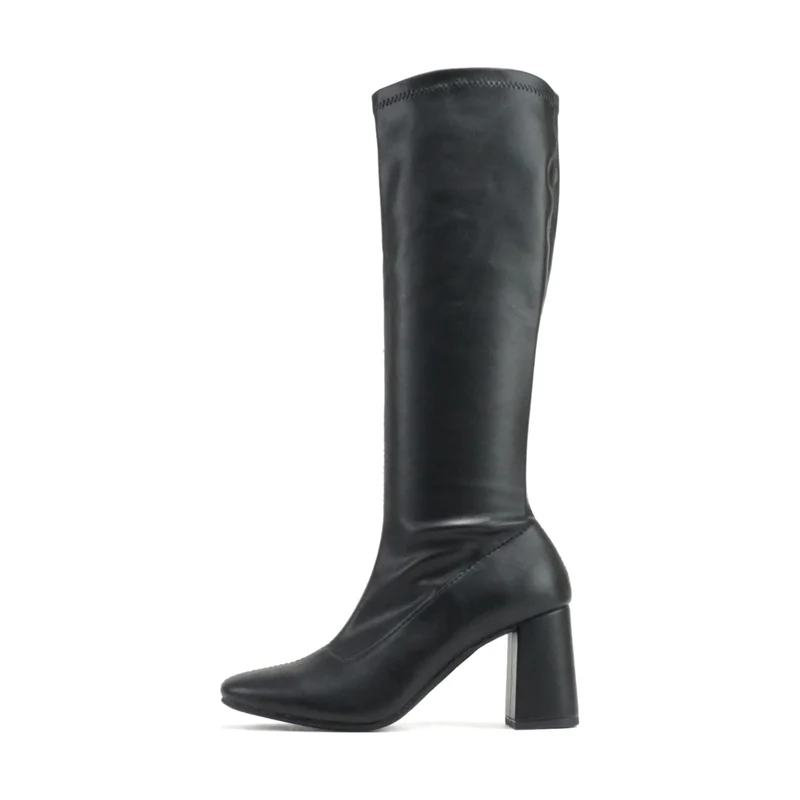 Bottes hautes noires en simili cuir à talon bloc moyen, bout pointu