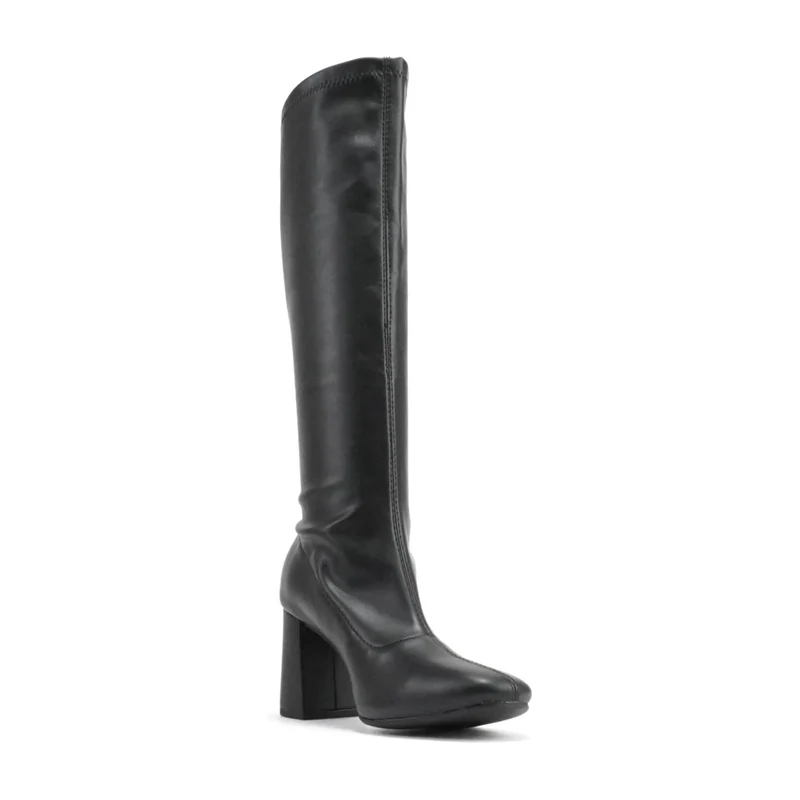 Bottes hautes noires en simili cuir à talon bloc moyen, bout pointu