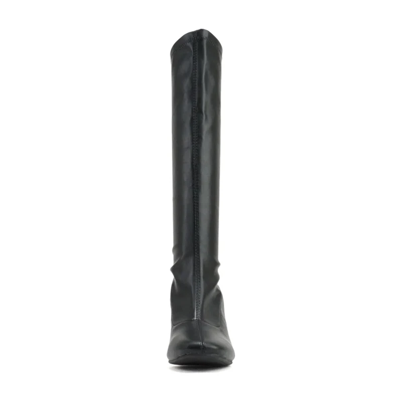 Bottes hautes noires en simili cuir à talon bloc moyen, bout pointu