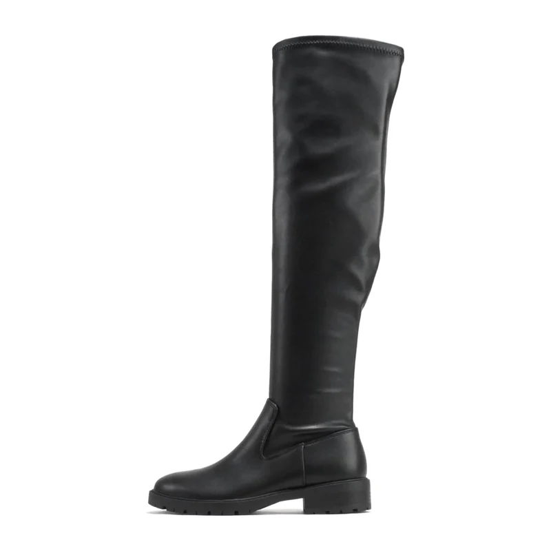 Cuissardes noires en simili cuir vegan, semelle crantée et talon bas bloc pour femme