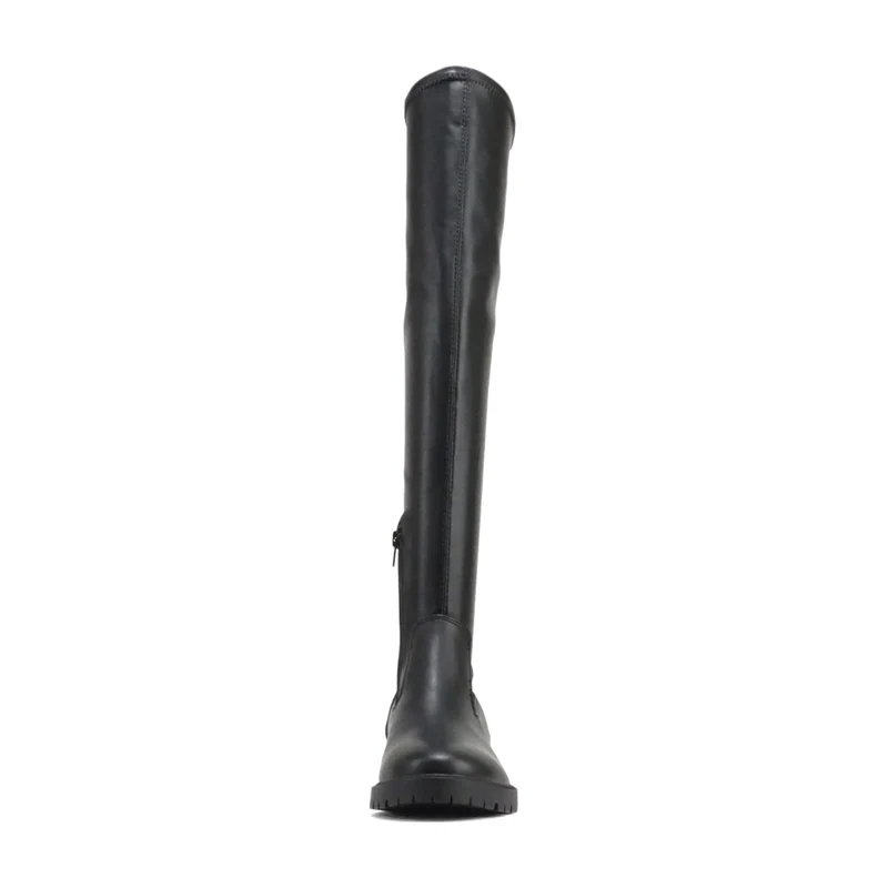 Cuissardes noires en simili cuir vegan, semelle crantée et talon bas bloc pour femme