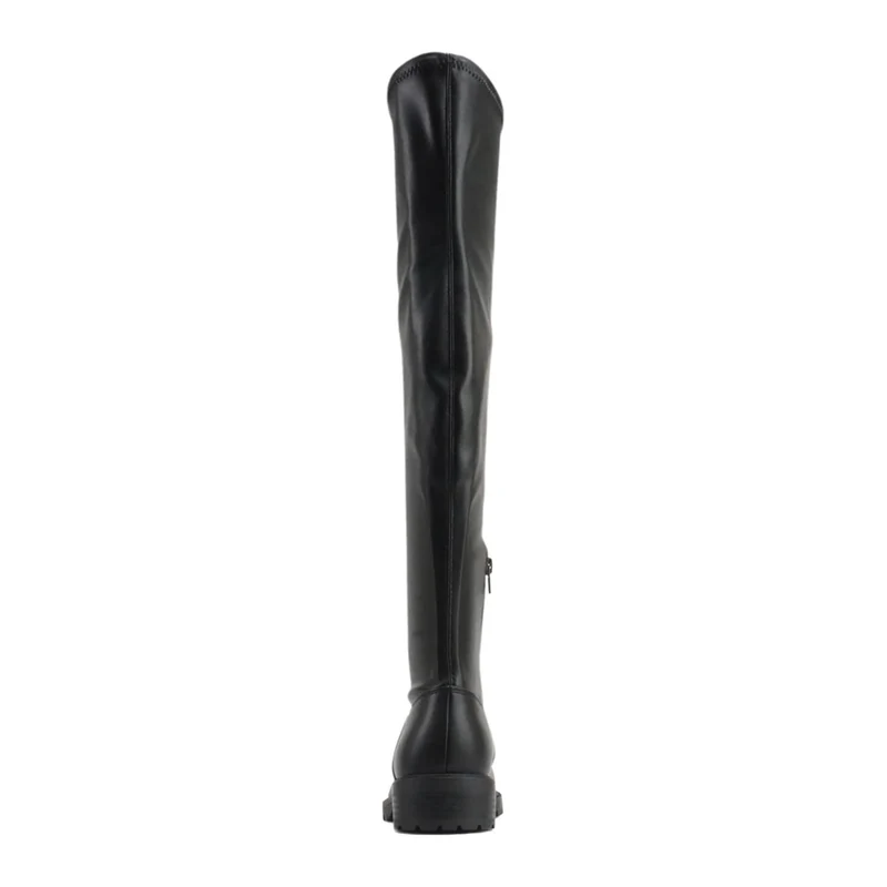 Cuissardes noires en simili cuir vegan, semelle crantée et talon bas bloc pour femme