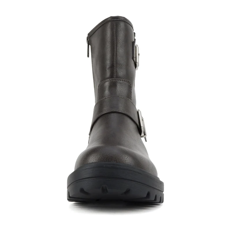 Bottines motardes grises à brides et boucles, semelle crantée et talon bloc pour femme