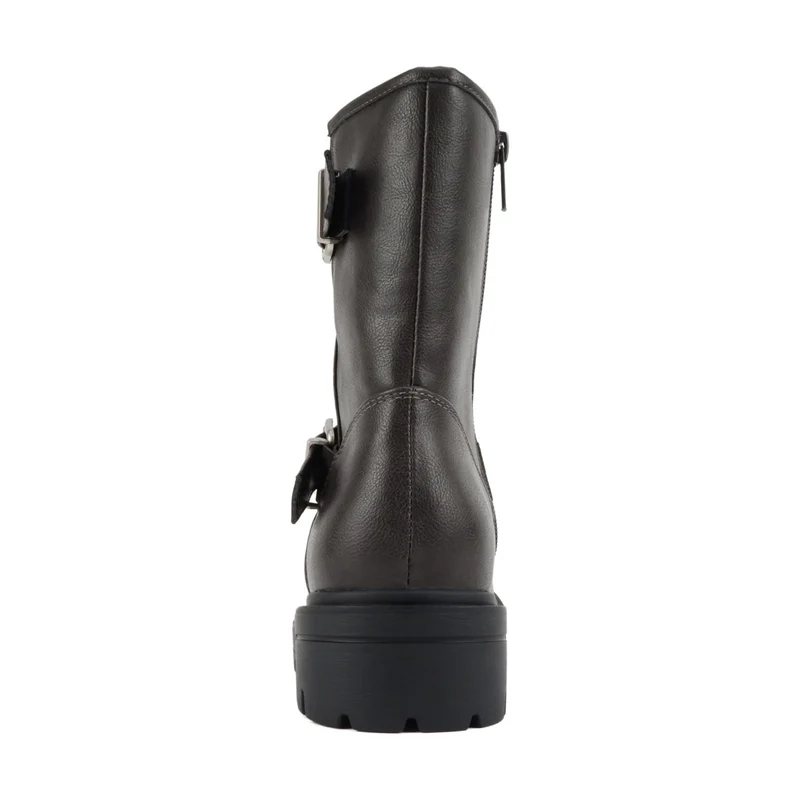 Bottines motardes grises à brides et boucles, semelle crantée et talon bloc pour femme