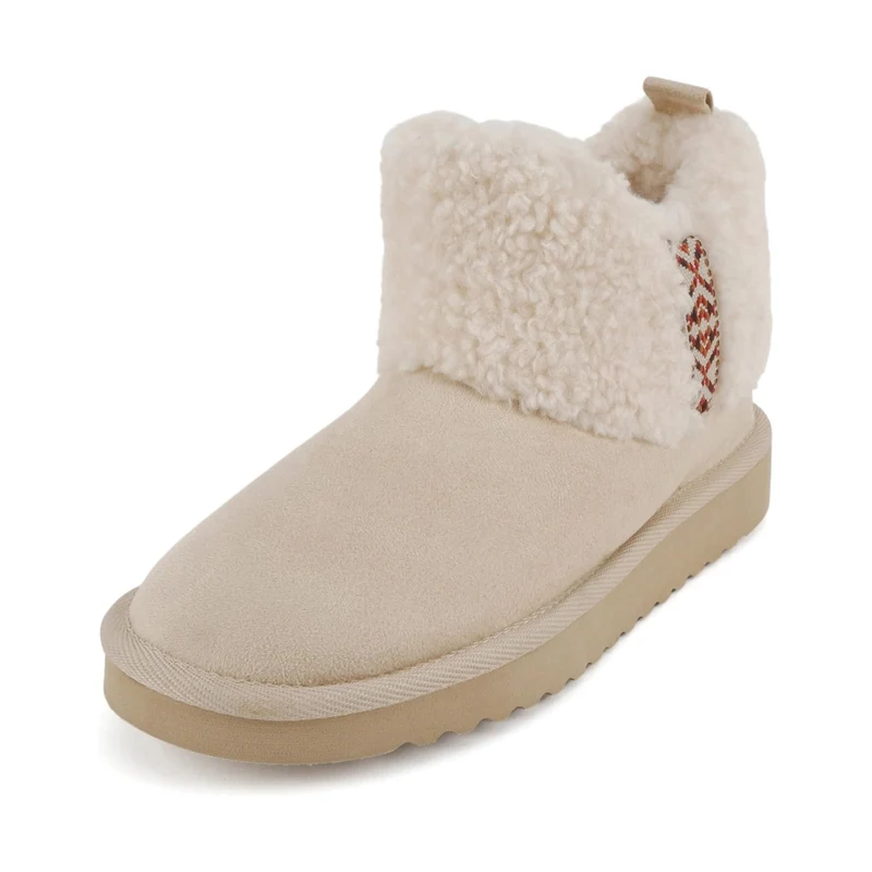Bottines fourrées beige en simili daim, semelle crantée et doublure sherpa pour femme