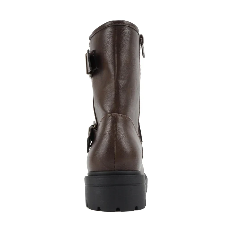 Bottes motardes marron à brides boucle et semelle crantée mi-mollet pour femme
