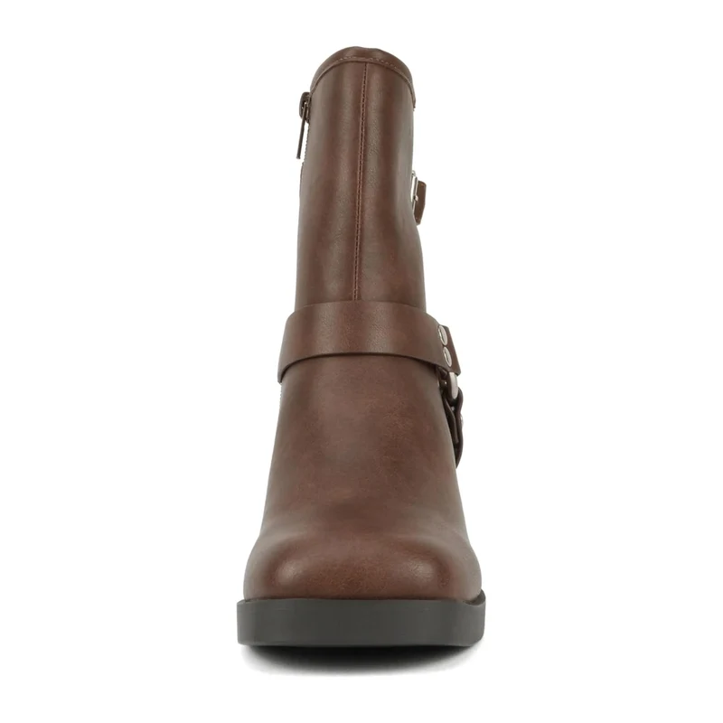 Bottines motardes femme marron à talon bloc, brides à boucles et anneau métallique