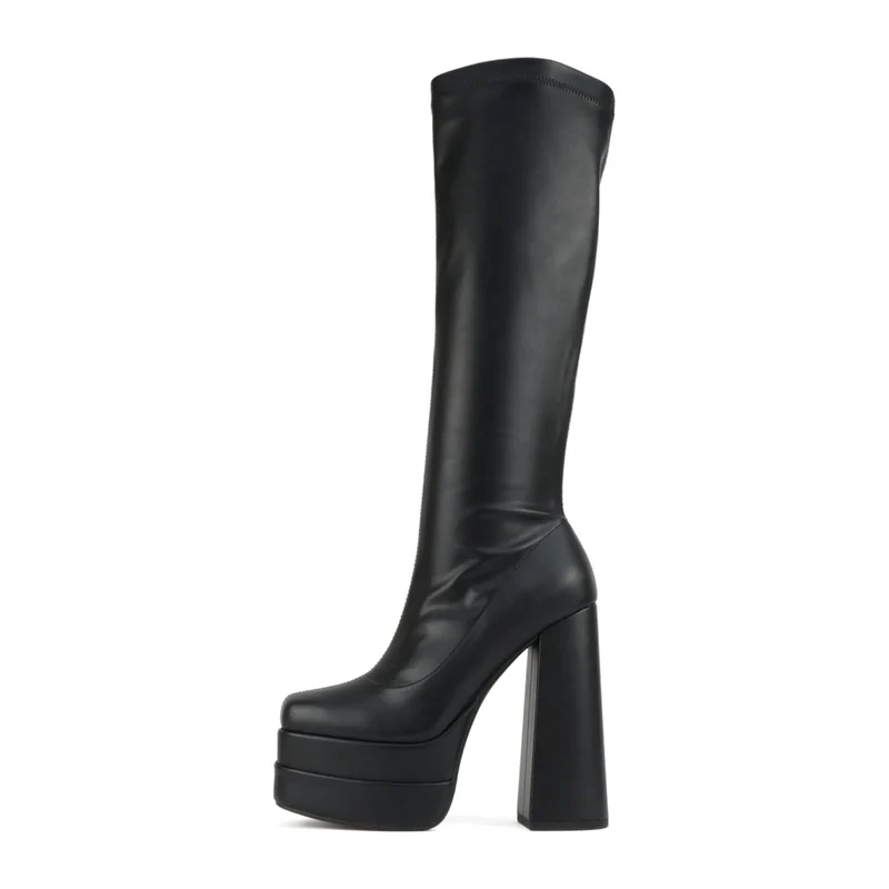 Bottes hautes noires à plateforme épaisse et talon bloc en simili cuir pour femme