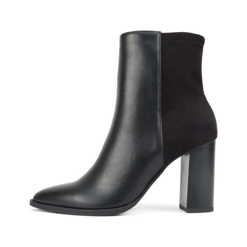 Bottines pour femme à talon carré 9 cm, bout pointu et tige bi-matière