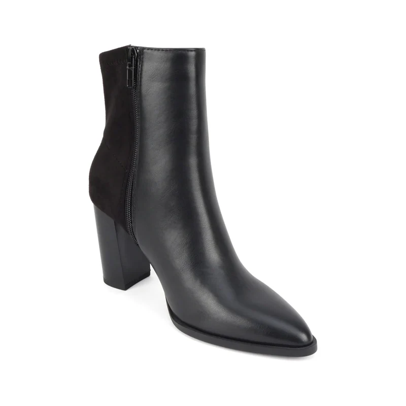 Bottines pour femme à talon carré 9 cm, bout pointu et tige bi-matière