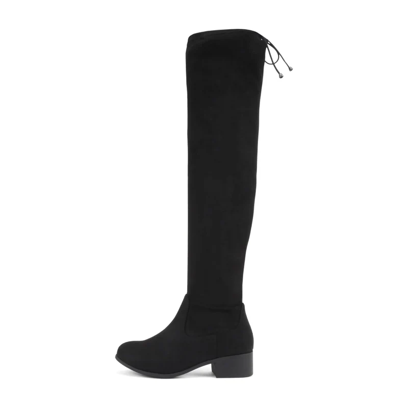 Cuissardes noires en simili daim pour femme , talon bas et lien de serrage arrière