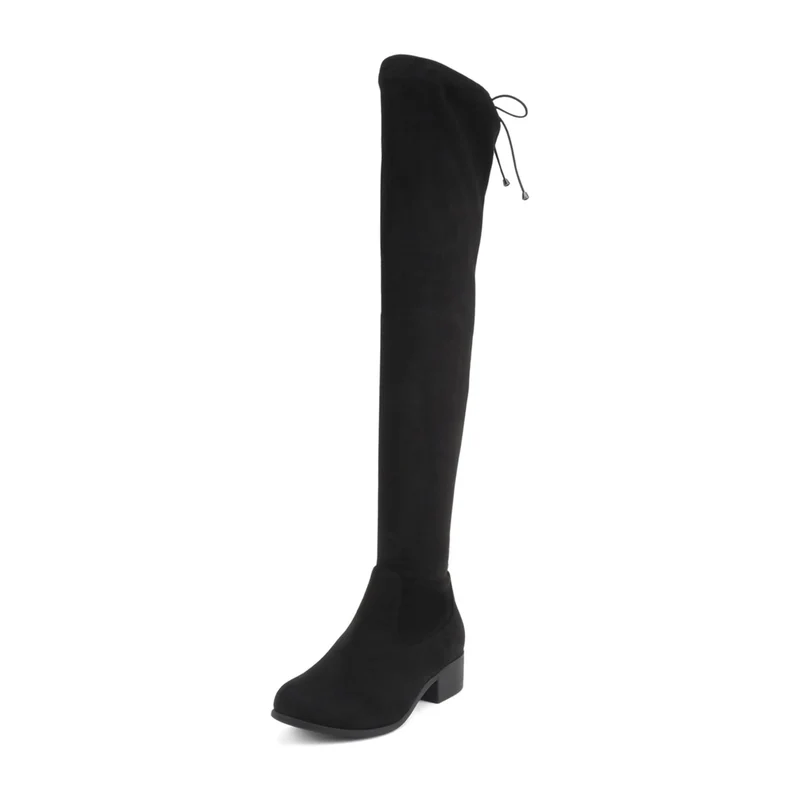 Cuissardes noires en simili daim pour femme , talon bas et lien de serrage arrière