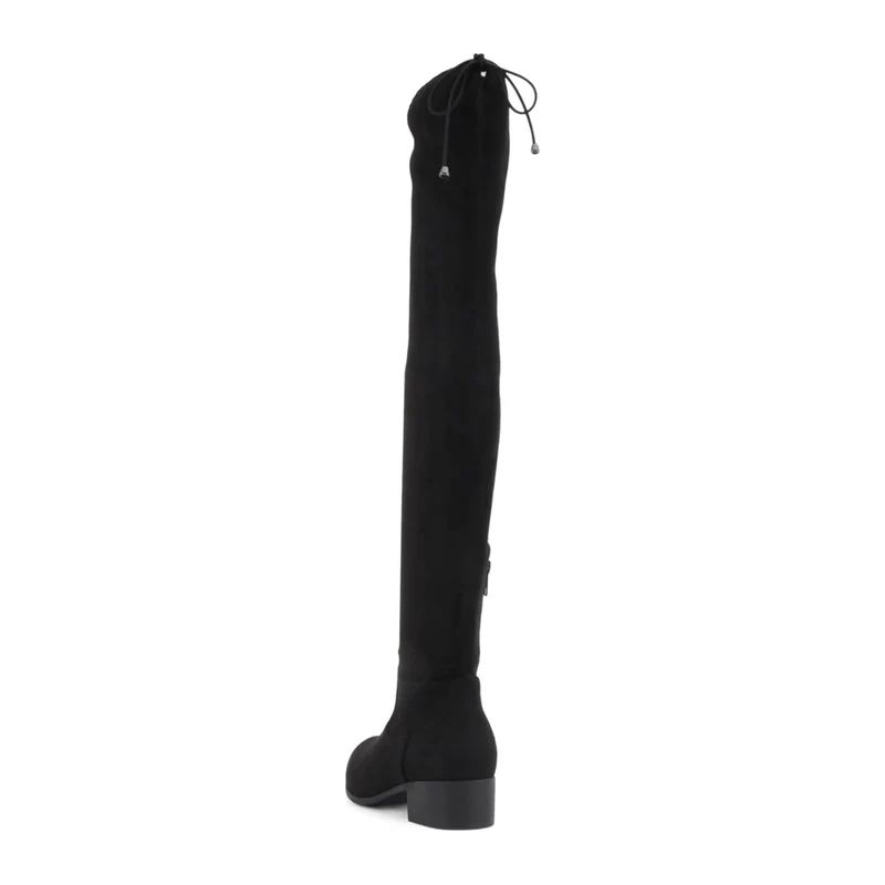 Cuissardes noires en simili daim pour femme , talon bas et lien de serrage arrière