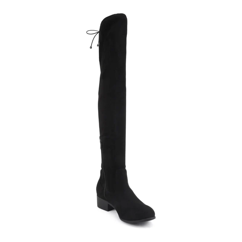 Cuissardes noires en simili daim pour femme , talon bas et lien de serrage arrière