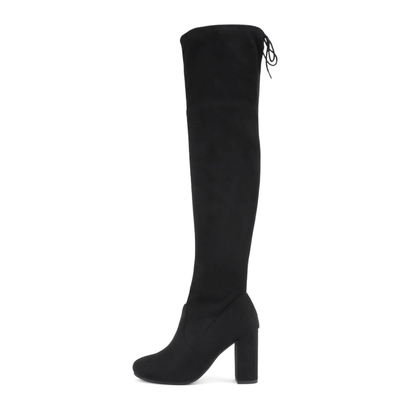 Cuissardes noires en simili daim avec talon bloc et laçage arrière pour femme