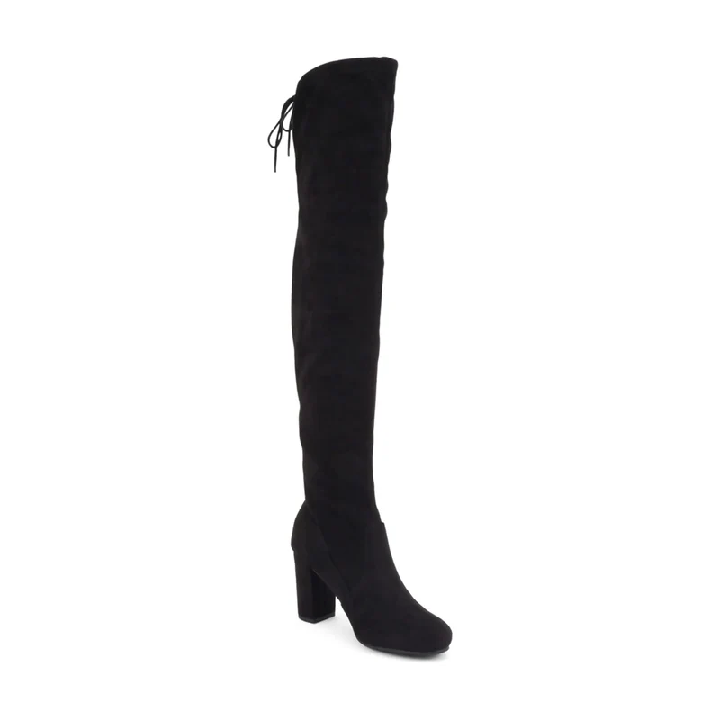 Cuissardes noires en simili daim avec talon bloc et laçage arrière pour femme