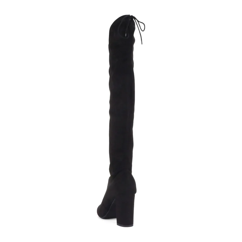Cuissardes noires en simili daim avec talon bloc et laçage arrière pour femme