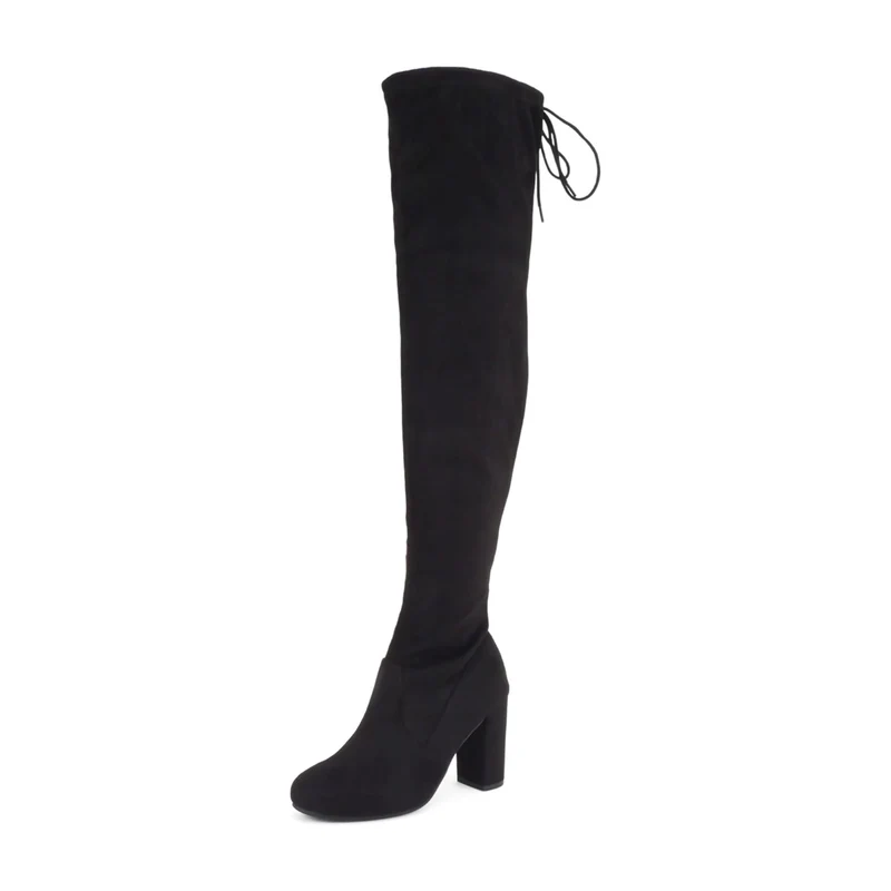Cuissardes noires en simili daim avec talon bloc et laçage arrière pour femme