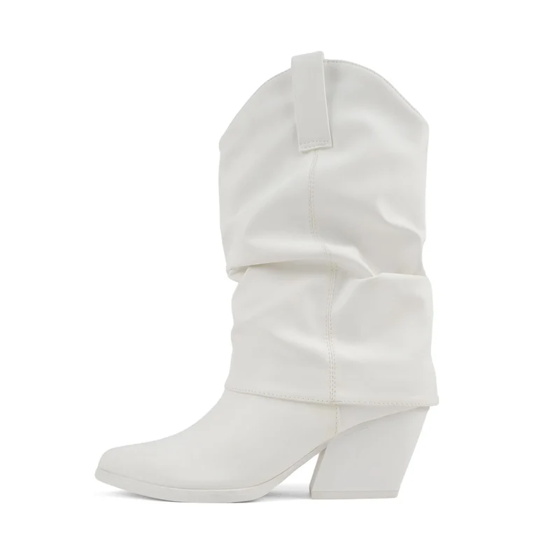 Bottes blanches mi-mollet à bout pointu et talon carré effet plissé pour femme