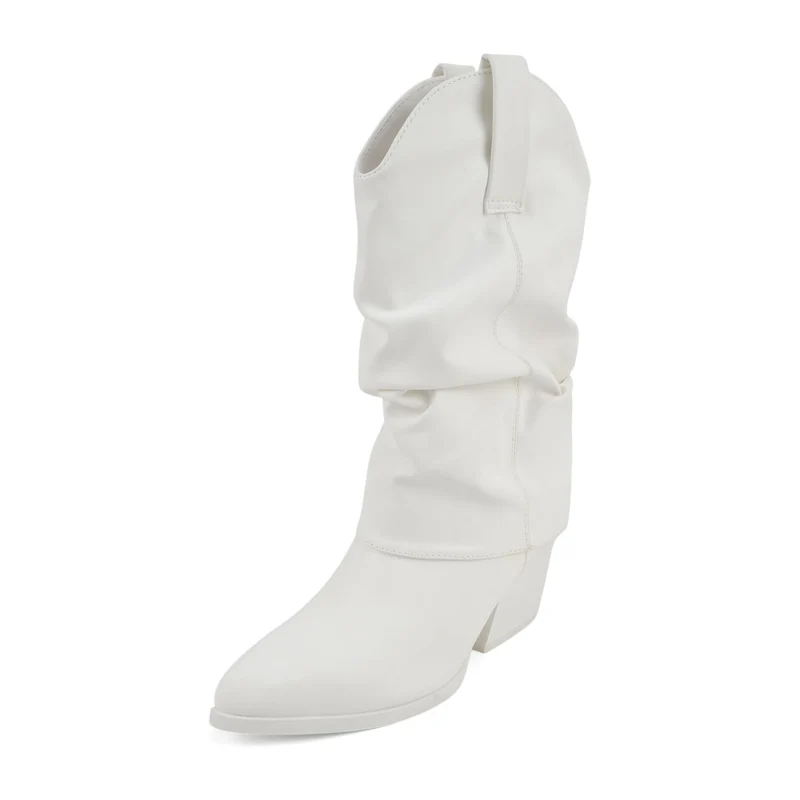 Bottes blanches mi-mollet à bout pointu et talon carré effet plissé pour femme