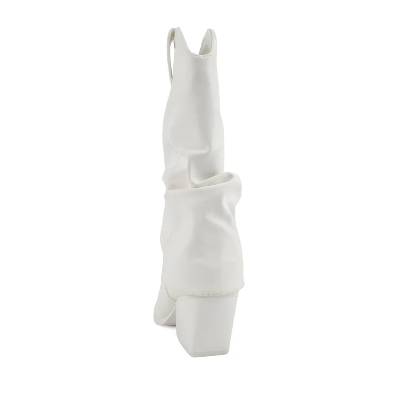 Bottes blanches mi-mollet à bout pointu et talon carré effet plissé pour femme