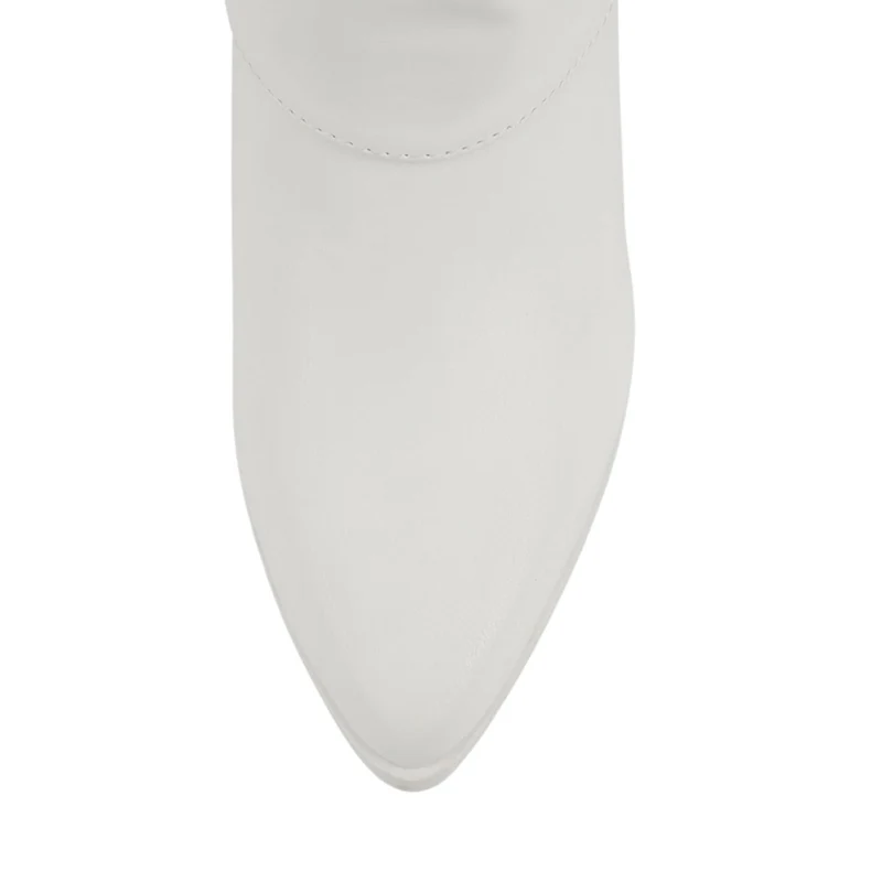 Bottes blanches mi-mollet à bout pointu et talon carré effet plissé pour femme