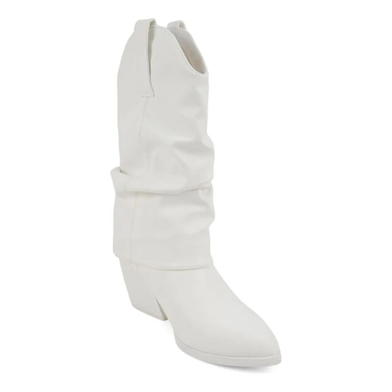 Bottes blanches mi-mollet à bout pointu et talon carré effet plissé pour femme