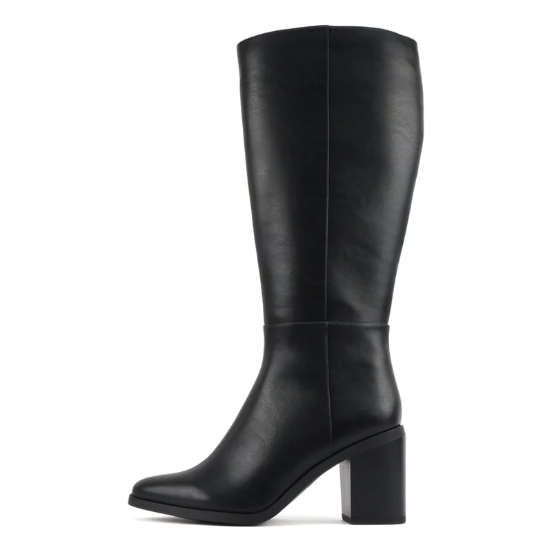 Bottes hautes pour femme à talon bloc et bout pointu - effet cuir noir