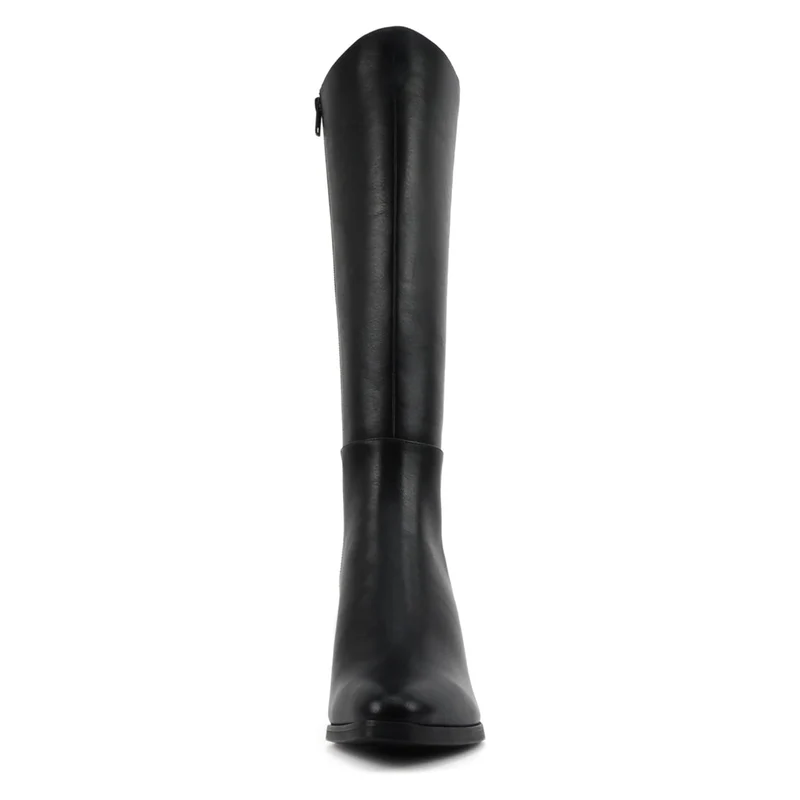 Bottes hautes pour femme à talon bloc et bout pointu - effet cuir noir