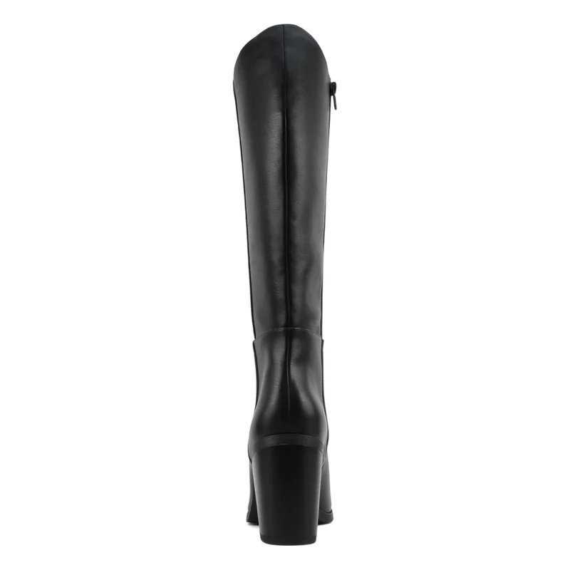 Bottes hautes pour femme à talon bloc et bout pointu - effet cuir noir