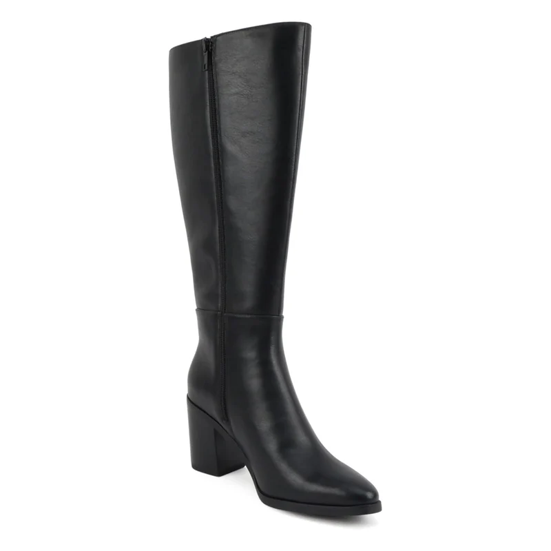 Bottes hautes pour femme à talon bloc et bout pointu - effet cuir noir