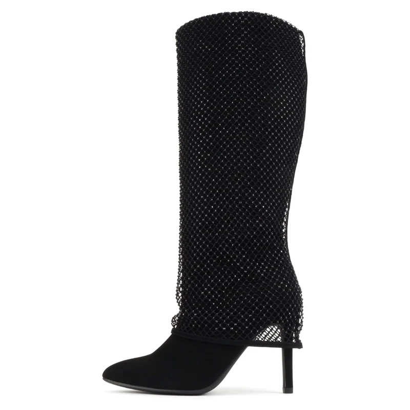 Bottes hautes noires à talon fin et tige ornée de strass pour femme