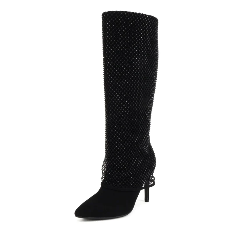 Bottes hautes noires à talon fin et tige ornée de strass pour femme