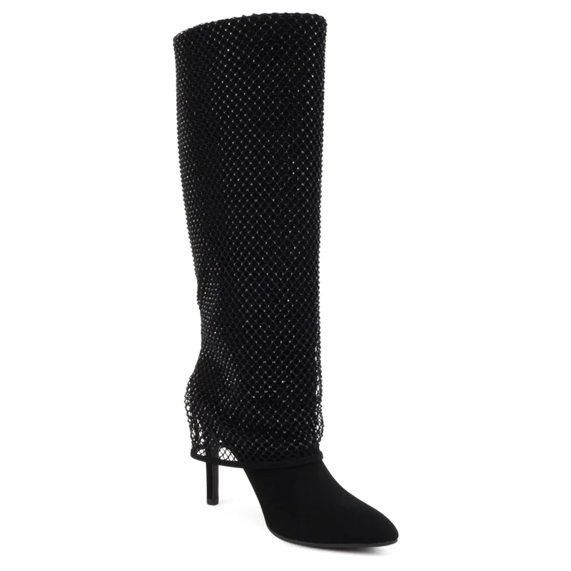 Bottes hautes noires à talon fin et tige ornée de strass pour femme