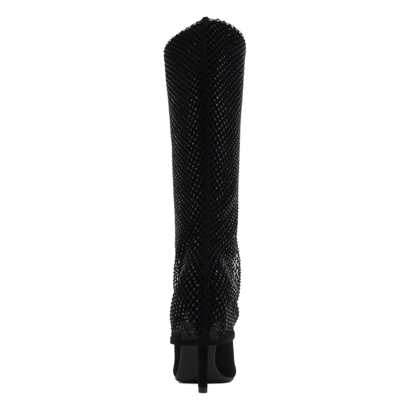 Bottes hautes noires à talon fin et tige ornée de strass pour femme