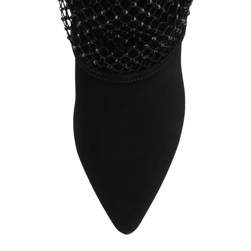 Bottes hautes noires à talon fin et tige ornée de strass pour femme
