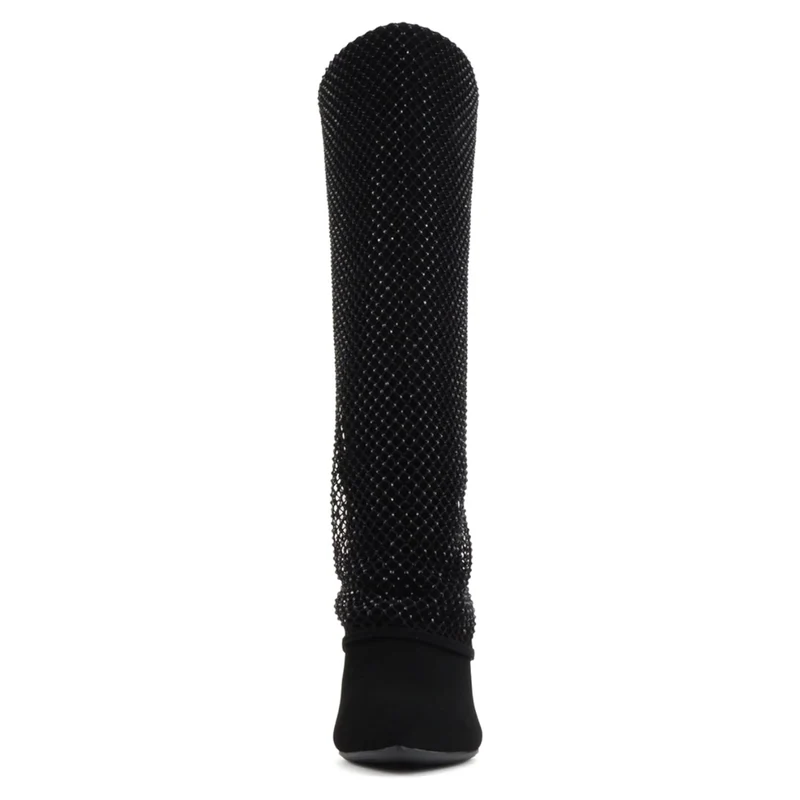 Bottes hautes noires à talon fin et tige ornée de strass pour femme