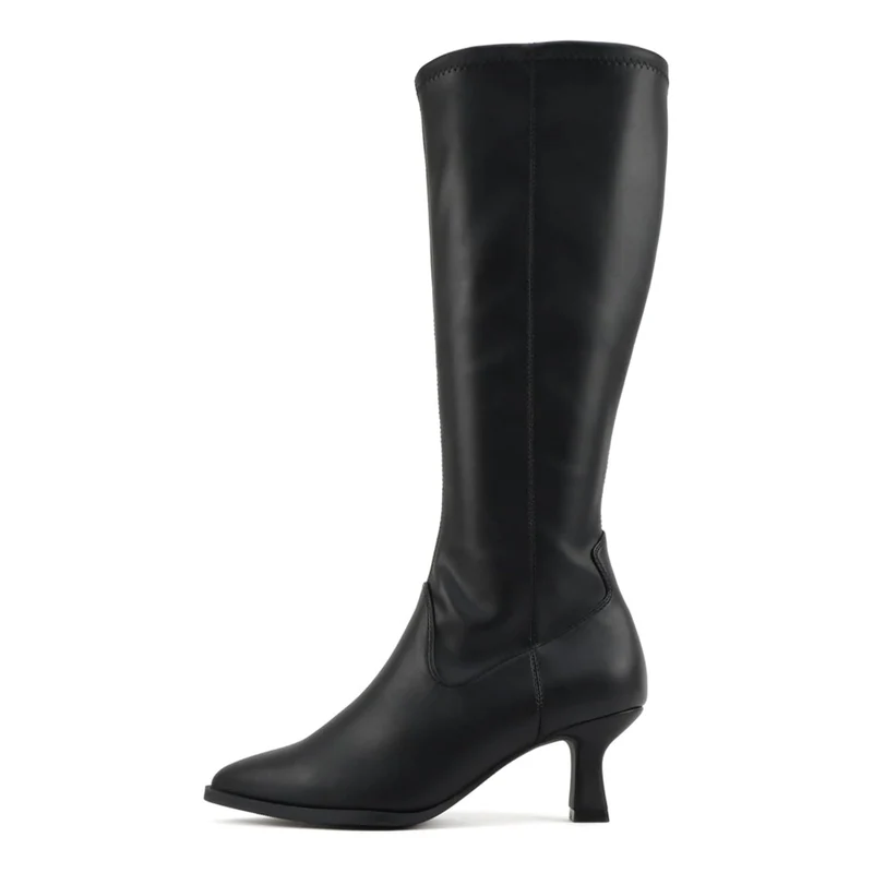 Bottes hautes femme noires en cuir synthétique, bout pointu, talon bas 6 cm, zip latéral